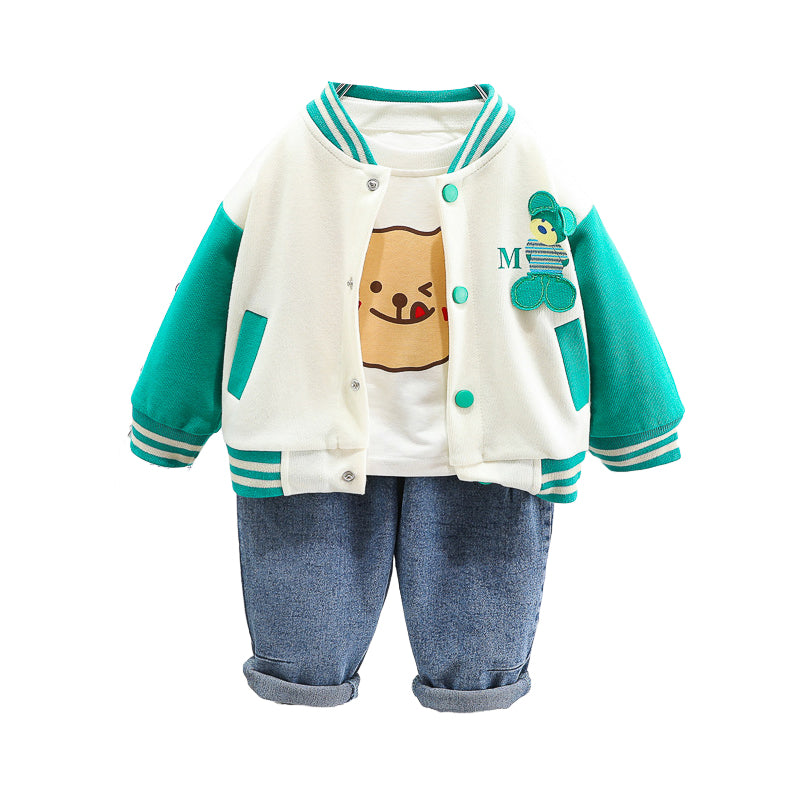 3 Pieces Set Baby Kid Boys Color-blocking Cartoon Print Tops Letters Jackets Outwears And Solid Color Jeans Wholesale 230129649