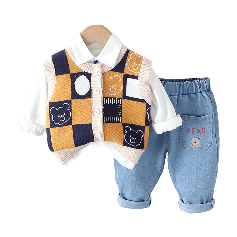 3 Pieces Set Baby Kid Boys Solid Color Shirts Checked Cartoon Vests Waistcoats And Letters Pants Wholesale 230129660