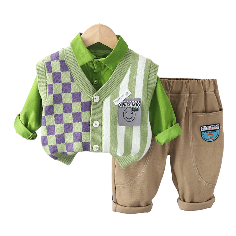 3 Pieces Set Baby Kid Boys Solid Color Shirts Striped Checked Expression Vests Waistcoats And Letters Pants Wholesale 230129661