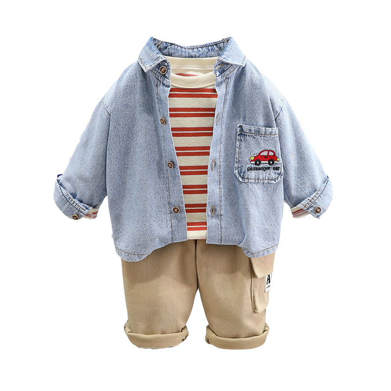 3 Pieces Set Baby Kid Boys Striped Tops Car And Embroidered Jackets Outwears And Letters Pants Wholesale 230129675