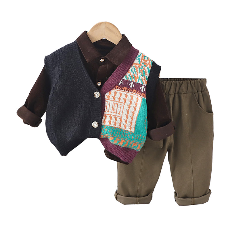 3 Pieces Set Baby Kid Boys Solid Color Shirts Pants Color-blocking And Crochet Vests Waistcoats Wholesale 230129689