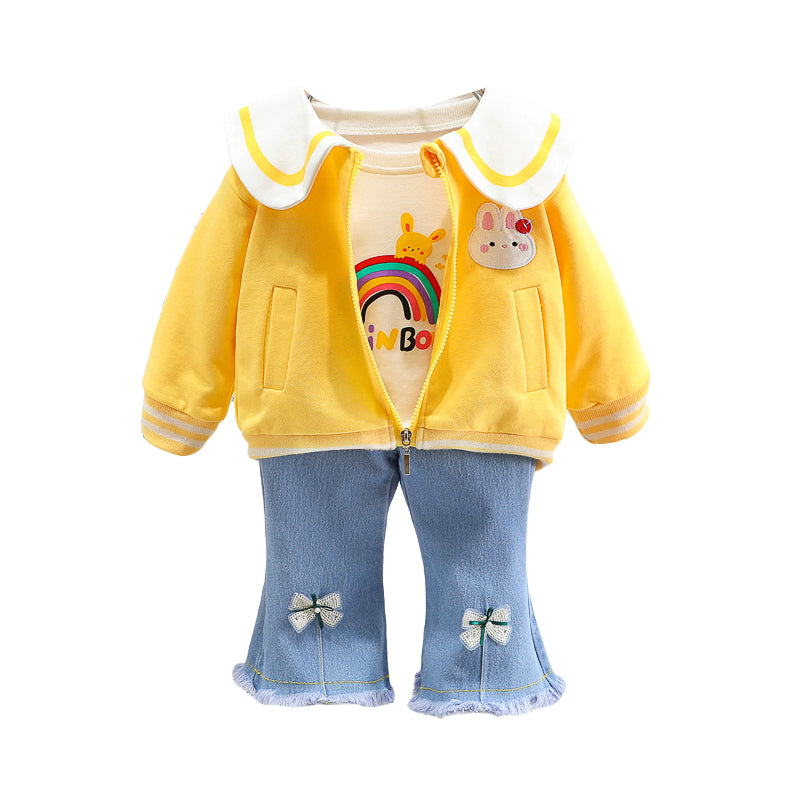 3 Pieces Set Baby Kid Girls Letters Rainbow Print Tops Cartoon Jackets Outwears And Bow Jeans Wholesale 230129693