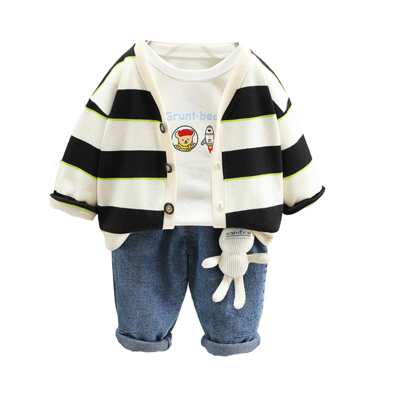 3 Pieces Set Baby Kid Boys Cartoon Print Tops Striped Jackets Outwears And Solid Color Jeans Wholesale 230129702