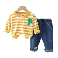 Load image into Gallery viewer, 2 Pieces Set Baby Kid Boys Striped Alphabet Polo Shirts And Solid Color Pants Wholesale 230129705
