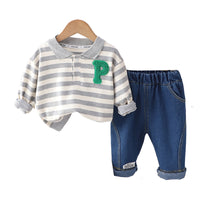 Load image into Gallery viewer, 2 Pieces Set Baby Kid Boys Striped Alphabet Polo Shirts And Solid Color Pants Wholesale 230129705
