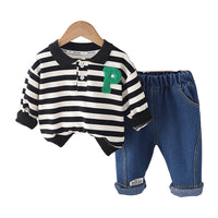 Load image into Gallery viewer, 2 Pieces Set Baby Kid Boys Striped Alphabet Polo Shirts And Solid Color Pants Wholesale 230129705
