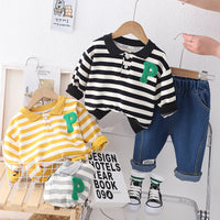 Load image into Gallery viewer, 2 Pieces Set Baby Kid Boys Striped Alphabet Polo Shirts And Solid Color Pants Wholesale 230129705

