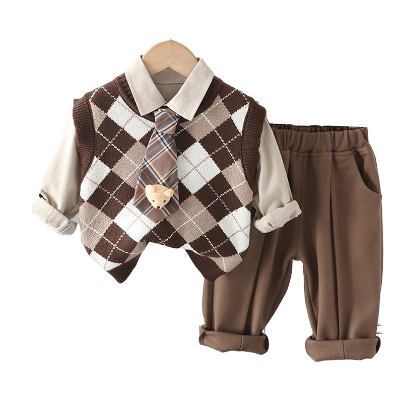 3 Pieces Set Baby Kid Girls Bow Shirts And Checked Crochet Vests Waistcoats And Solid Color Pants Skirts Wholesale 230129707