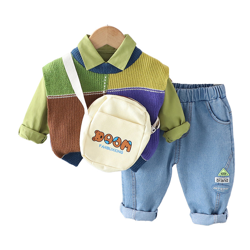 3 Pieces Set Baby Kid Boys Solid Color Shirts And Checked Crochet Vests Waistcoats And Letters Pants Wholesale 230129717