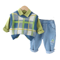 Load image into Gallery viewer, 3 Pieces Set Baby Kid Boys Solid Color Shirts And Checked Crochet Vests Waistcoats And Letters Pants Wholesale 230129717
