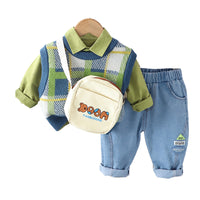 Load image into Gallery viewer, 3 Pieces Set Baby Kid Boys Solid Color Shirts And Checked Crochet Vests Waistcoats And Letters Pants Wholesale 230129717
