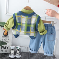 Load image into Gallery viewer, 3 Pieces Set Baby Kid Boys Solid Color Shirts And Checked Crochet Vests Waistcoats And Letters Pants Wholesale 230129717
