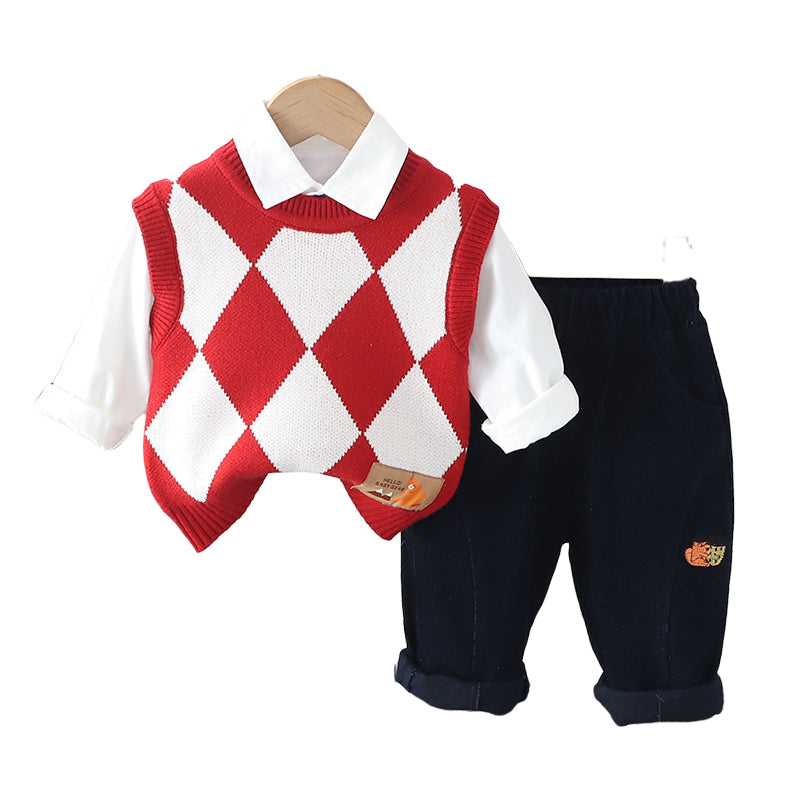 3 Pieces Set Baby Kid Boys Checked Vests Waistcoats And Solid Color Shirts And Embroidered Pants Wholesale 230129718