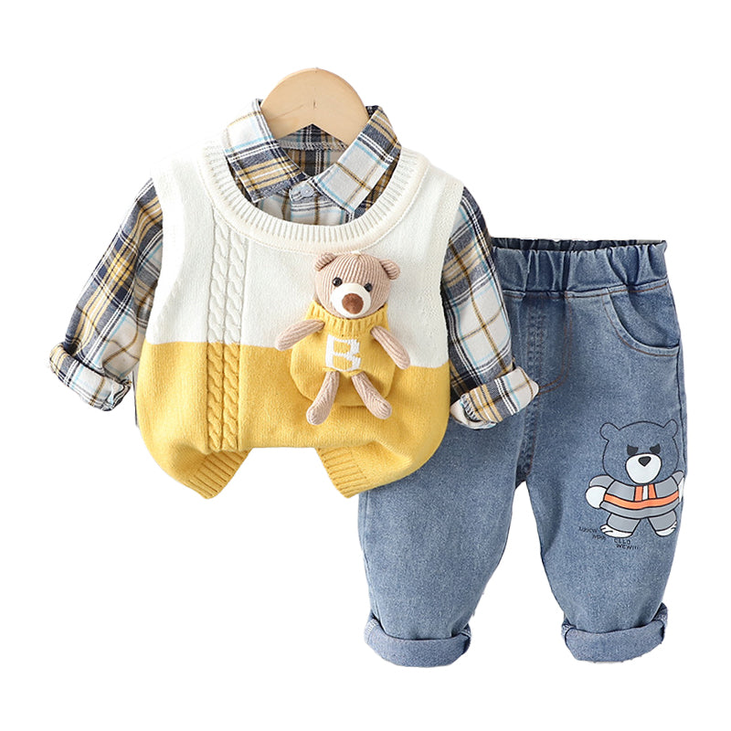 3 Pieces Set Baby Kid Boys Animals Vests Waistcoats And Checked Shirts And Cartoon Print Pants Wholesale 230129719
