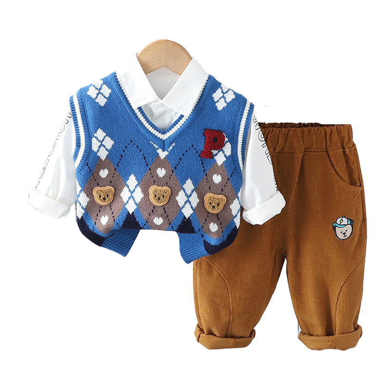 3 Pieces Set Baby Kid Boys Checked Animals Vests Waistcoats And Letters Shirts And Cartoon Pants Wholesale 230129721