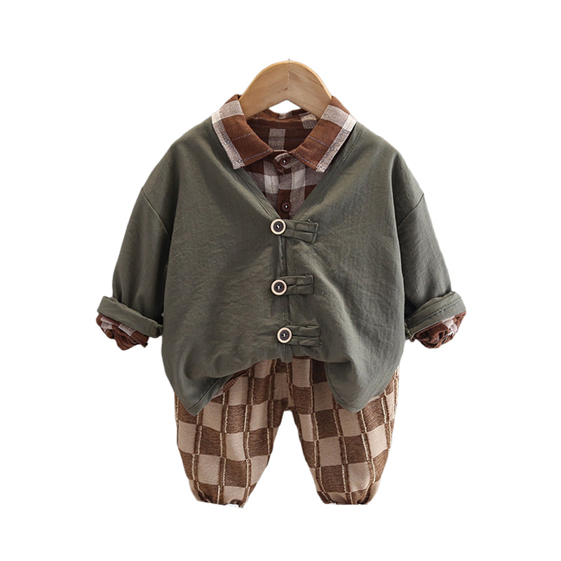 3 Pieces Set Baby Kid Boys Solid Color Jackets Outwears And Checked Shirts And Pants Wholesale 230129727