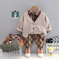 Load image into Gallery viewer, 3 Pieces Set Baby Kid Boys Solid Color Jackets Outwears And Checked Shirts And Pants Wholesale 230129727
