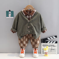Load image into Gallery viewer, 3 Pieces Set Baby Kid Boys Solid Color Jackets Outwears And Checked Shirts And Pants Wholesale 230129727
