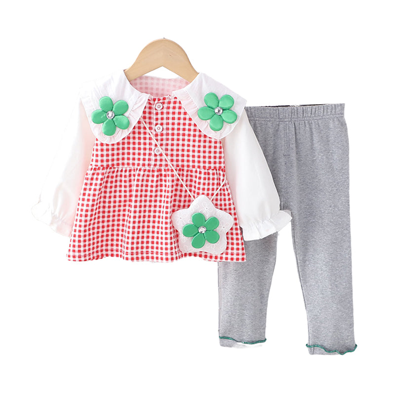 2 Pieces Set Baby Kid Girls Flower Checked Tops And Solid Color Pants Wholesale 230129730