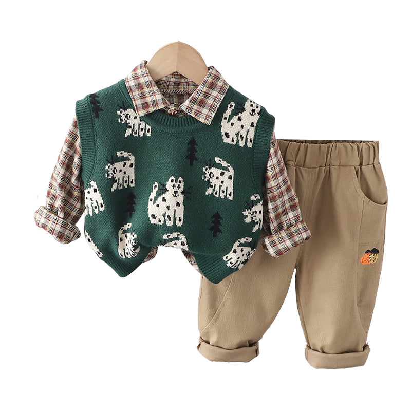 3 Pieces Set Baby Kid Boys Checked Shirts Animals Vests Waistcoats And Solid Color Pants Wholesale 230129733