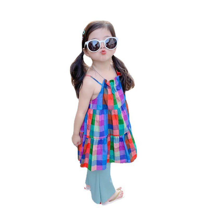 Baby Kid Girls Color-blocking Checked Dresses And Solid Color Pants Wholesale 230201321