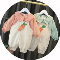 Load image into Gallery viewer, 2 Pieces Set Baby Kid Girls Striped Print Tops And Cartoon Jumpsuits Wholesale 23020606
