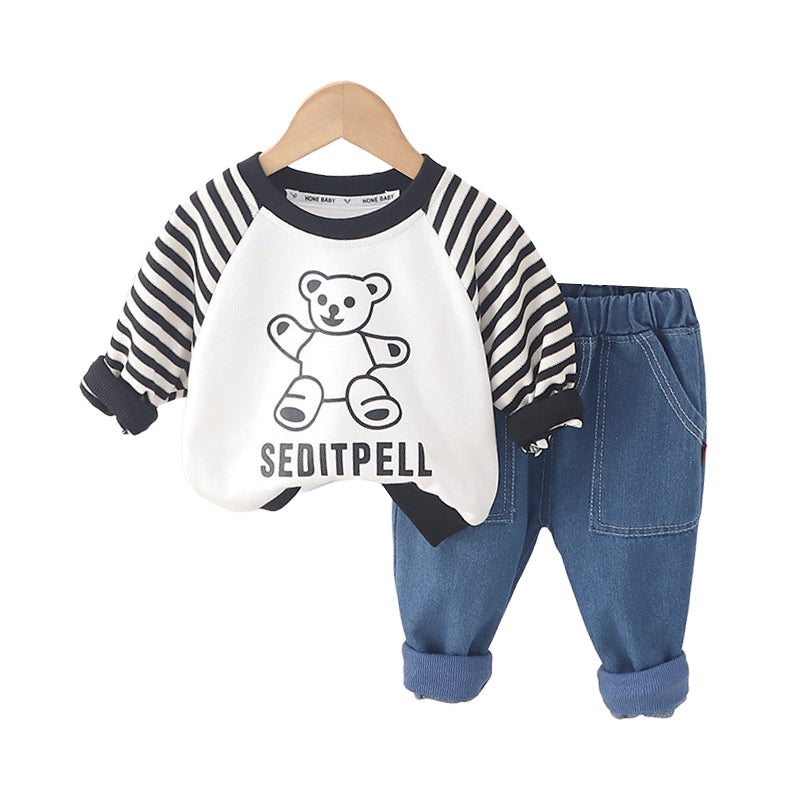 2 Pieces Set Baby Kid Boys Solid Color Striped Letters Color-blocking Print Hoodies Sweatshirts Jeans And Wholesale 230206127