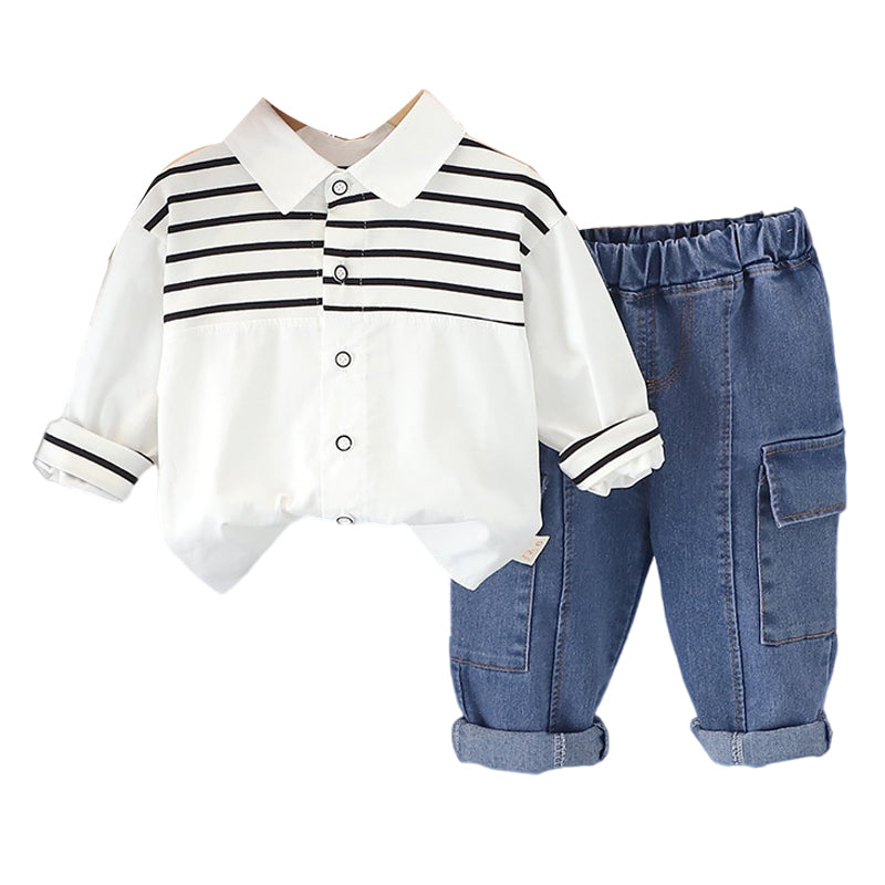 2 Pieces Set Baby Kid Boys Striped Color-blocking Tops And Solid Color Jeans Wholesale 230206130