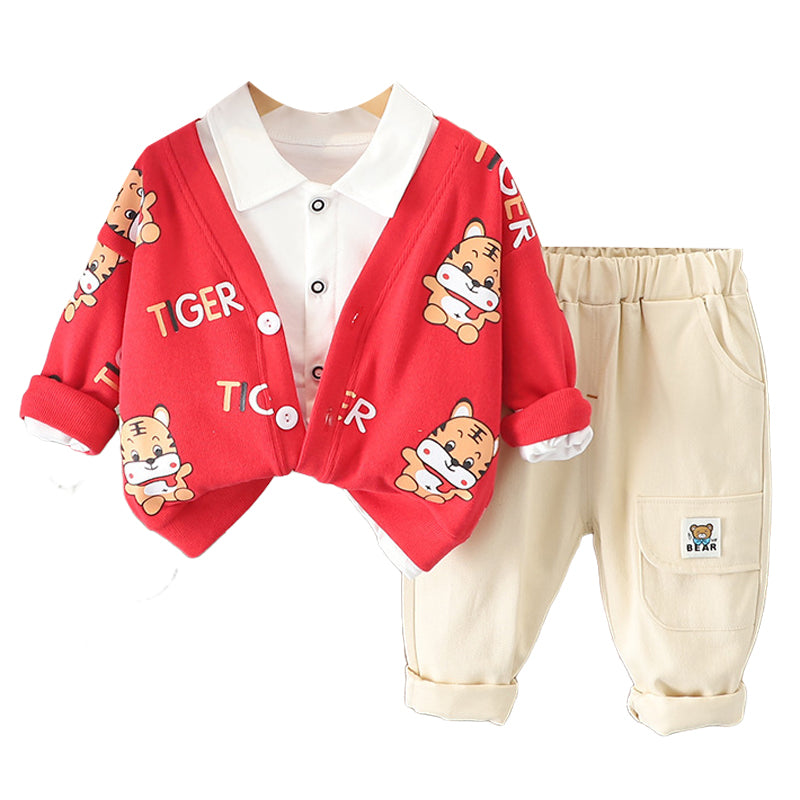 3 Pieces Set Baby Kid Boys Solid Color Print Shirts Cartoon Cardigan And Pants Wholesale 230206149