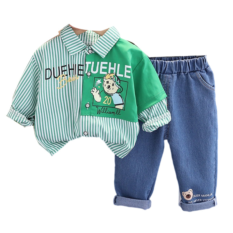 2 Pieces Set Baby Kid Boys Striped Letters Cartoon Print Shirts And Jeans Wholesale 230206152