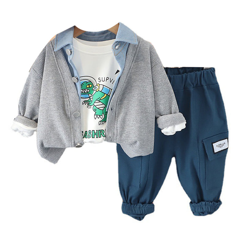 3 Pieces Set Baby Kid Boys Solid Color Jackets Outwears And Letters Cartoon Print Tops And Pants Wholesale 230206163