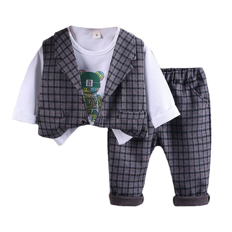 3 Pieces Set Baby Kid Boys Birthday Letters Cartoon Print Tops Checked Vests Waistcoats And Pants Wholesale 230206176