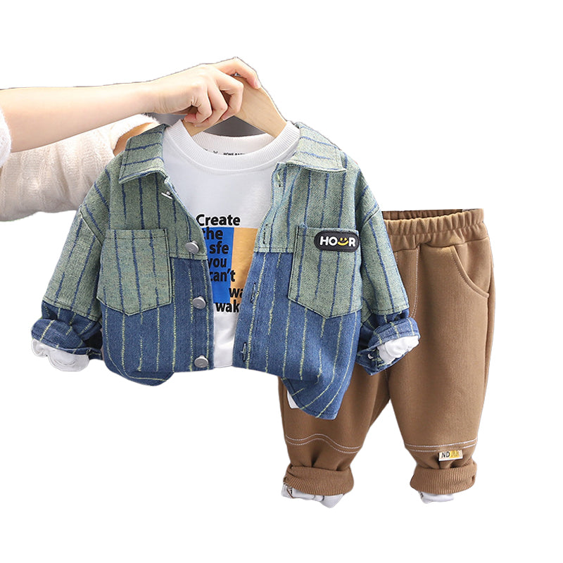 3 Pieces Set Baby Kid Boys Letters Tops Striped Jackets Outwears And Solid Color Pants Wholesale 230206225