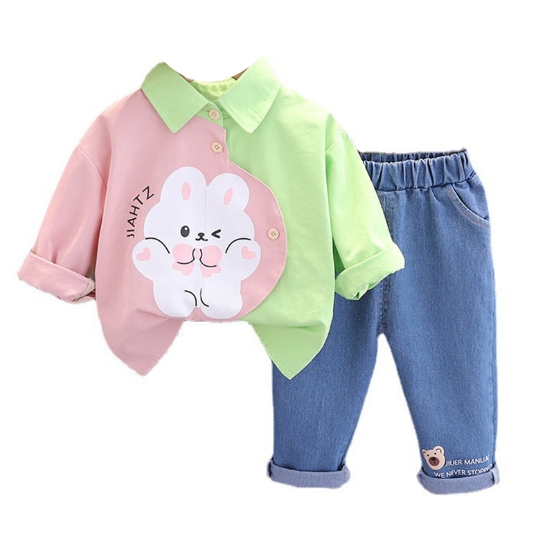 2 Pieces Set Baby Kid Girls Cartoon Print Tops And Letters Jeans Wholesale 230206229