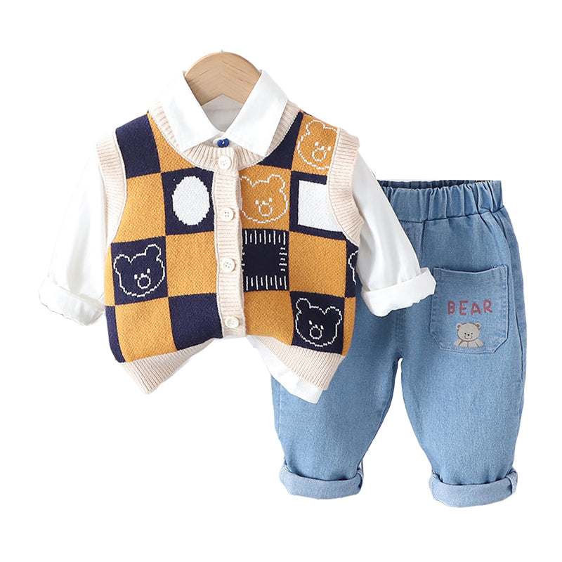 3 Pieces Set Baby Kid Boys Solid Color Shirts Animals Cartoon Crochet Vests Waistcoats And Letters Print Pants Wholesale 230206299