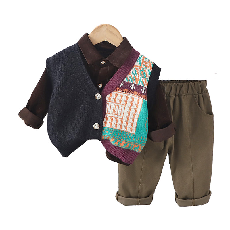 3 Pieces Set Baby Kid Boys Crochet Vests Waistcoats And Solid Color Shirts And Pants Wholesale 230206300