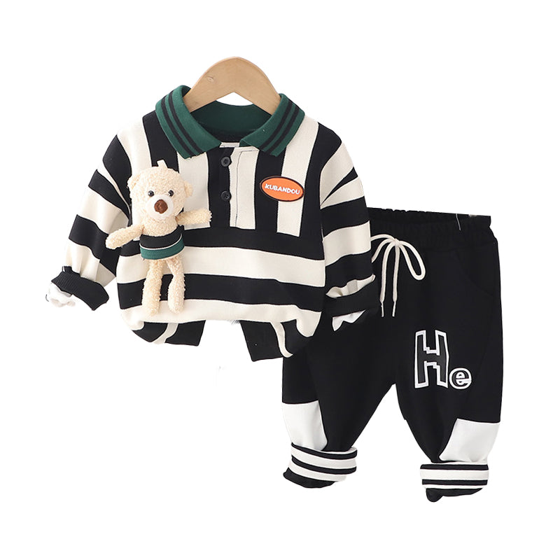 2 Pieces Set Baby Kid Boys Striped Cartoon Hoodies Swearshirts And Letters Pants Wholesale 230206308