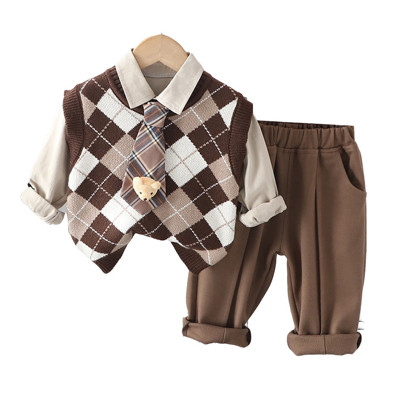 3 Pieces Set Baby Kid Girls Boys Checked Vests Waistcoats And Bow Shirts And Solid Color Pants Wholesale 230206309