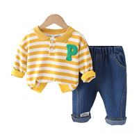Load image into Gallery viewer, 2 Pieces Set Baby Kid Boys Striped Letters Polo Shirts And Solid Color Pants Wholesale 230206315
