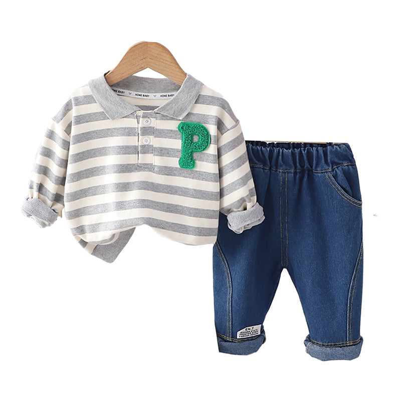 2 Pieces Set Baby Kid Boys Striped Letters Polo Shirts And Solid Color Pants Wholesale 230206315