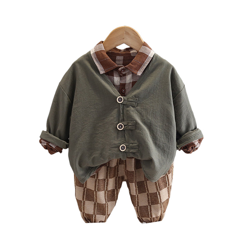 3 Pieces Set Baby Kid Boys Checked Shirts And Solid Color Jackets Outwears And Pants Wholesale 230206321