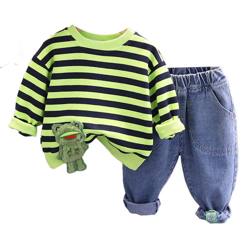 2 Pieces Set Baby Kid Boys Striped Cartoon Tops And Solid Color Pants Wholesale 230206322