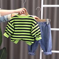 Load image into Gallery viewer, 2 Pieces Set Baby Kid Boys Striped Cartoon Tops And Solid Color Pants Wholesale 230206322
