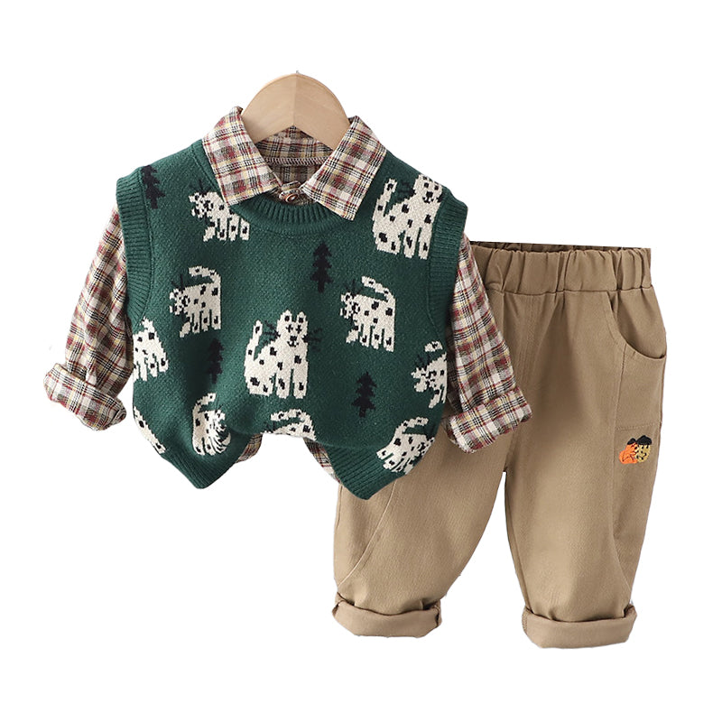 3 Pieces Set Baby Kid Boys Checked Shirts And Cartoon Crochet Vests Waistcoats And Pants Wholesale 230206328