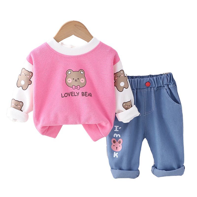 2 Pieces Set Baby Kid Girls Letters Color-blocking Cartoon Print Hoodies Sweatshirts And Jeans Wholesale 230206353