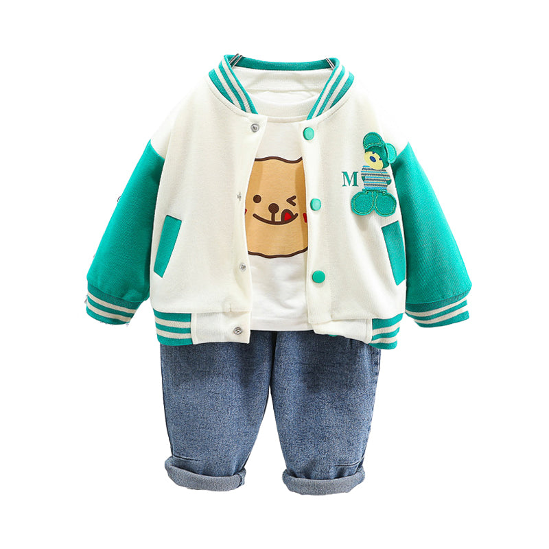 3 Pieces Set Baby Kid Boys Cartoon Print Tops Striped Jackets Outwears And Solid Color Jeans Wholesale 230206356