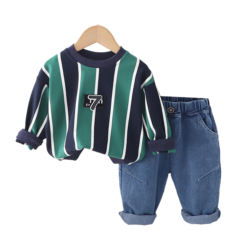 2 Pieces Set Baby Kid Boys Striped Letters Hoodies Sweatshirts And Solid Color Jeans Wholesale 230206357
