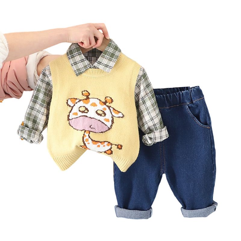 3 Pieces Set Baby Kid Boys Checked Shirts And Cartoon Crochet Vests Waistcoats And Solid Color Pants Wholesale 230206360