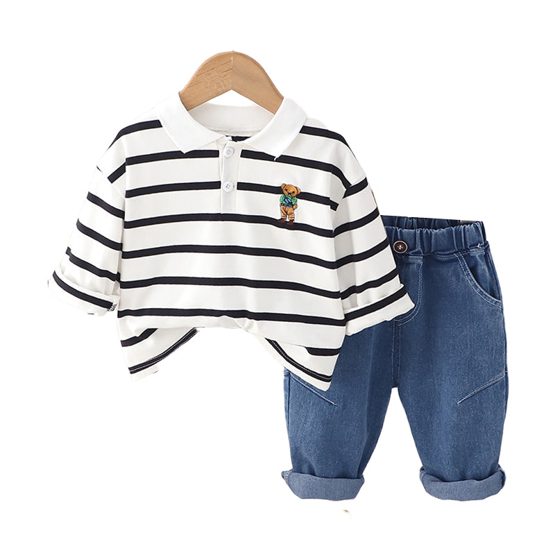 2 Pieces Set Baby Kid Boys Striped Cartoon Polo Shirts And Solid Color Jeans Wholesale 230206363