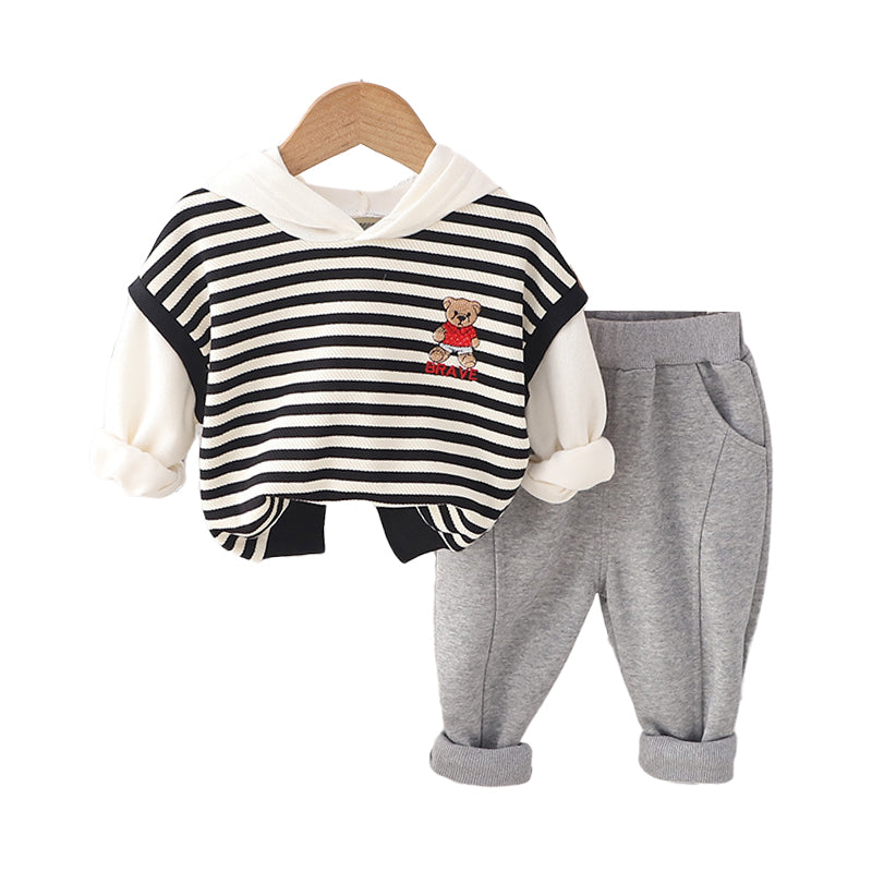 2 Pieces Set Baby Kid Boys Striped Cartoon Hoodies Sweatshirts And Solid Color Pants Wholesale 230206364